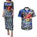 Personalized Carlton Football Blues Couples Matching Puletasi and Hawaiian Shirt Tropical Hibiscus Flowers - Pacific Fusion Style
