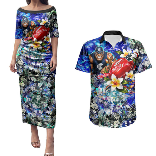 Personalized Carlton Football Blues Couples Matching Puletasi and Hawaiian Shirt Tropical Hibiscus Flowers - Pacific Fusion Style