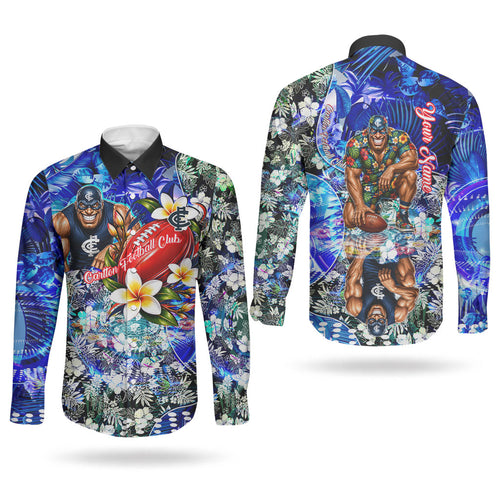 Personalized Carlton Football Blues Couples Matching Puletasi and Long Sleeve Button Shirt Tropical Hibiscus Flowers - Pacific Fusion Style