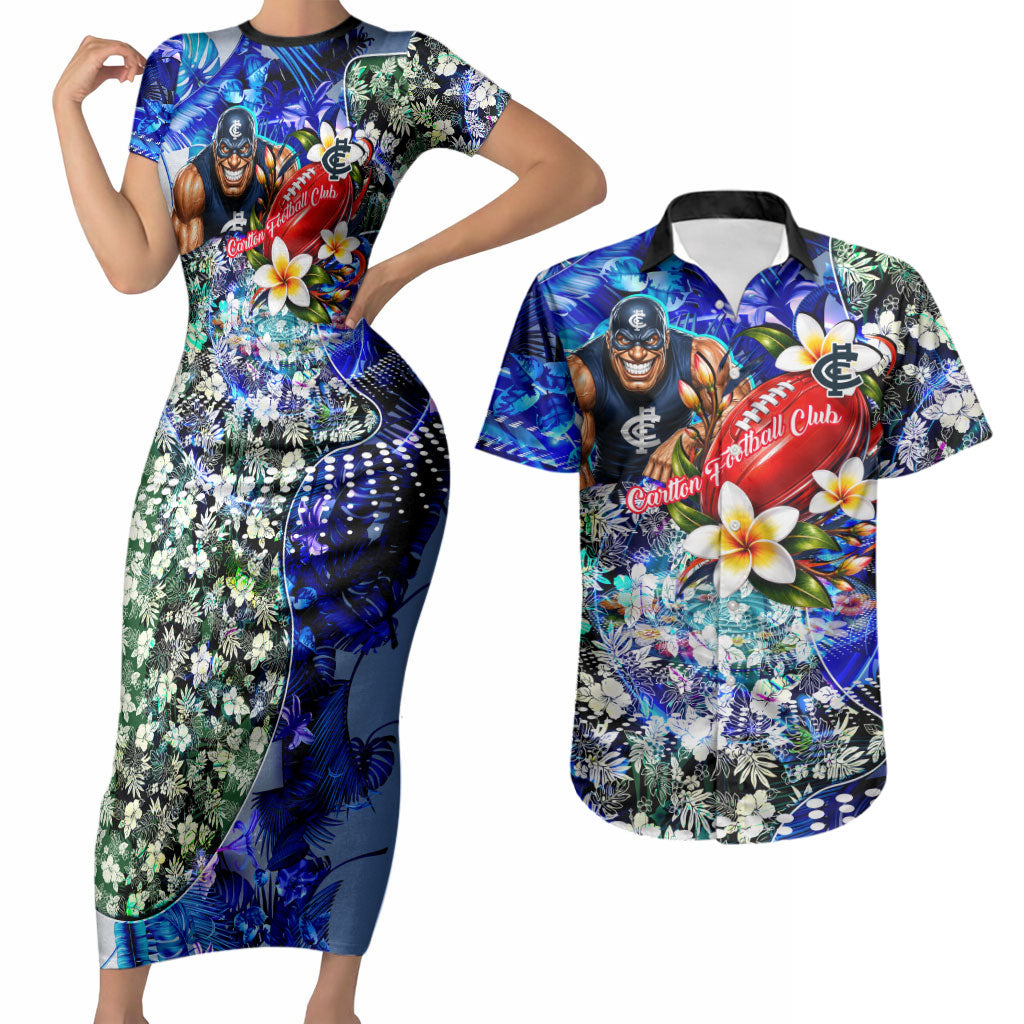 Personalized Carlton Football Blues Couples Matching Short Sleeve Bodycon Dress and Hawaiian Shirt Tropical Hibiscus Flowers - Pacific Fusion Style