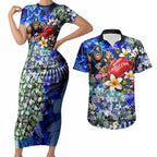 Personalized Carlton Football Blues Couples Matching Short Sleeve Bodycon Dress and Hawaiian Shirt Tropical Hibiscus Flowers - Pacific Fusion Style