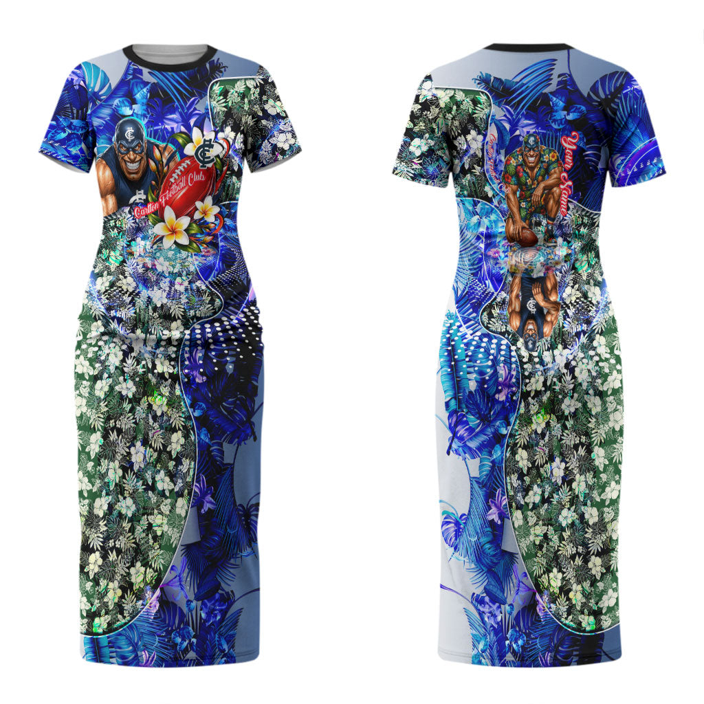 Personalized Carlton Football Blues Couples Matching Short Sleeve Bodycon Dress and Hawaiian Shirt Tropical Hibiscus Flowers - Pacific Fusion Style