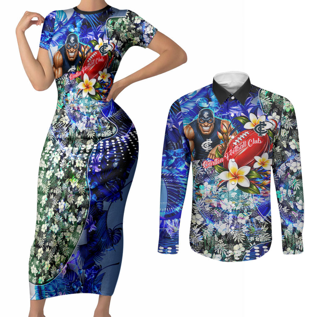 Personalized Carlton Football Blues Couples Matching Short Sleeve Bodycon Dress and Long Sleeve Button Shirt Tropical Hibiscus Flowers - Pacific Fusion Style