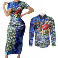 Personalized Carlton Football Blues Couples Matching Short Sleeve Bodycon Dress and Long Sleeve Button Shirt Tropical Hibiscus Flowers - Pacific Fusion Style