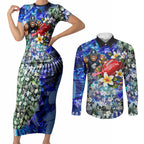 Personalized Carlton Football Blues Couples Matching Short Sleeve Bodycon Dress and Long Sleeve Button Shirt Tropical Hibiscus Flowers - Pacific Fusion Style