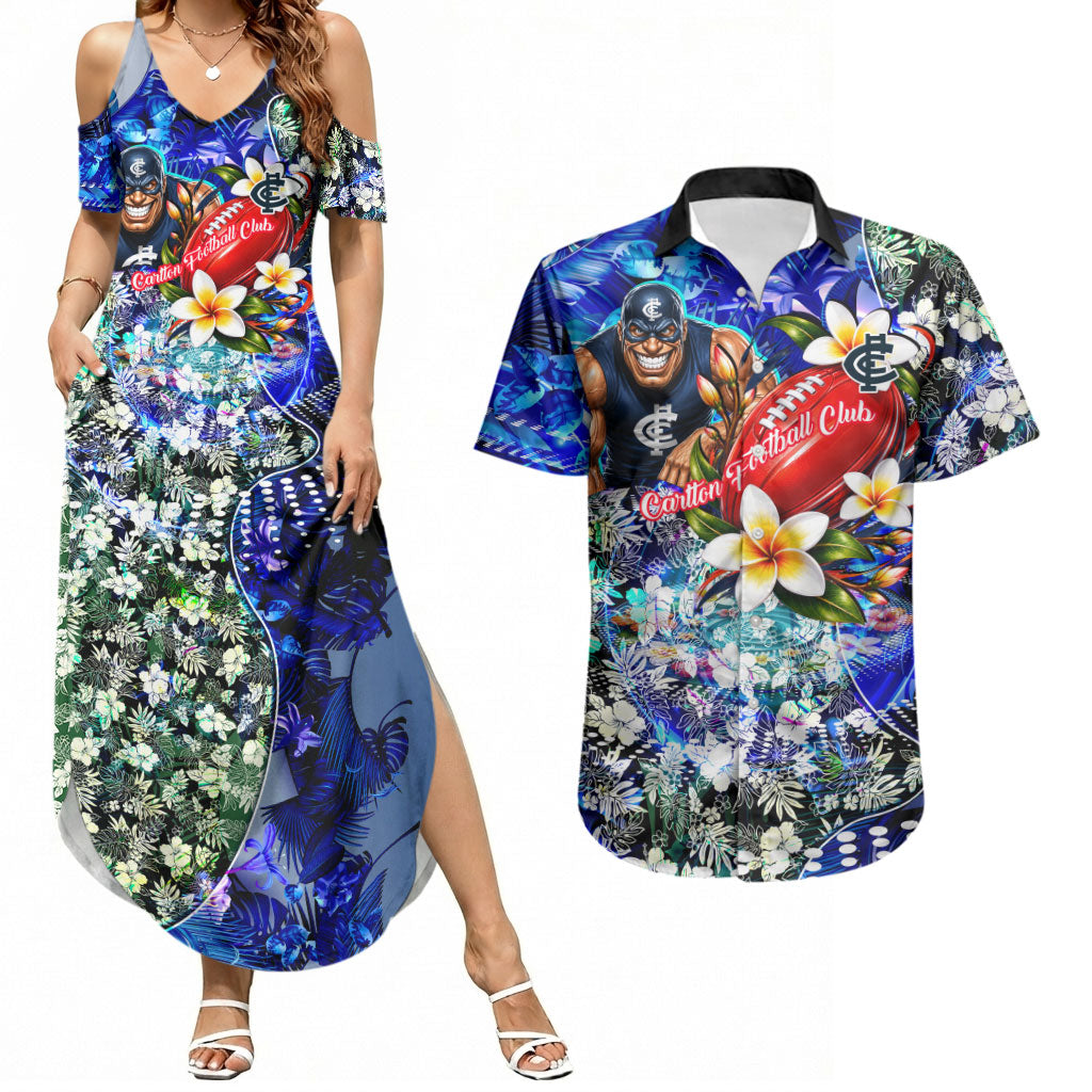 Personalized Carlton Football Blues Couples Matching Summer Maxi Dress and Hawaiian Shirt Tropical Hibiscus Flowers - Pacific Fusion Style