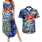 Personalized Carlton Football Blues Couples Matching Summer Maxi Dress and Hawaiian Shirt Tropical Hibiscus Flowers - Pacific Fusion Style