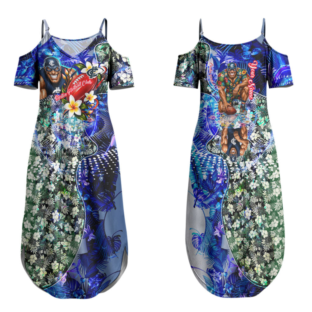 Personalized Carlton Football Blues Couples Matching Summer Maxi Dress and Hawaiian Shirt Tropical Hibiscus Flowers - Pacific Fusion Style