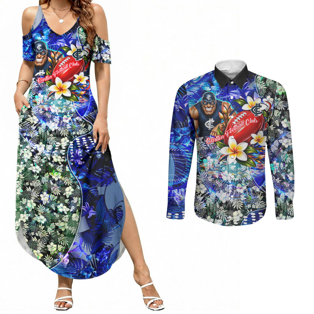 Personalized Carlton Football Blues Couples Matching Summer Maxi Dress and Long Sleeve Button Shirt Tropical Hibiscus Flowers - Pacific Fusion Style