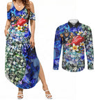 Personalized Carlton Football Blues Couples Matching Summer Maxi Dress and Long Sleeve Button Shirt Tropical Hibiscus Flowers - Pacific Fusion Style