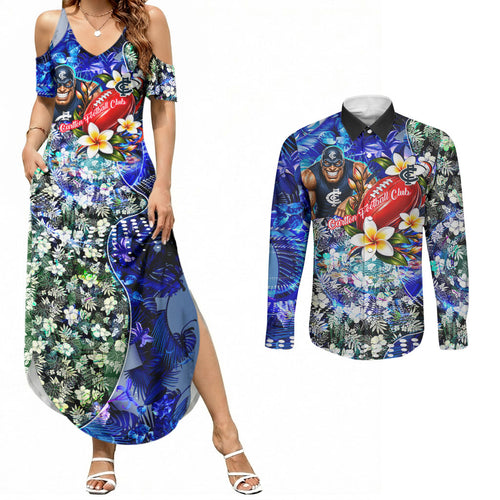 Personalized Carlton Football Blues Couples Matching Summer Maxi Dress and Long Sleeve Button Shirt Tropical Hibiscus Flowers - Pacific Fusion Style