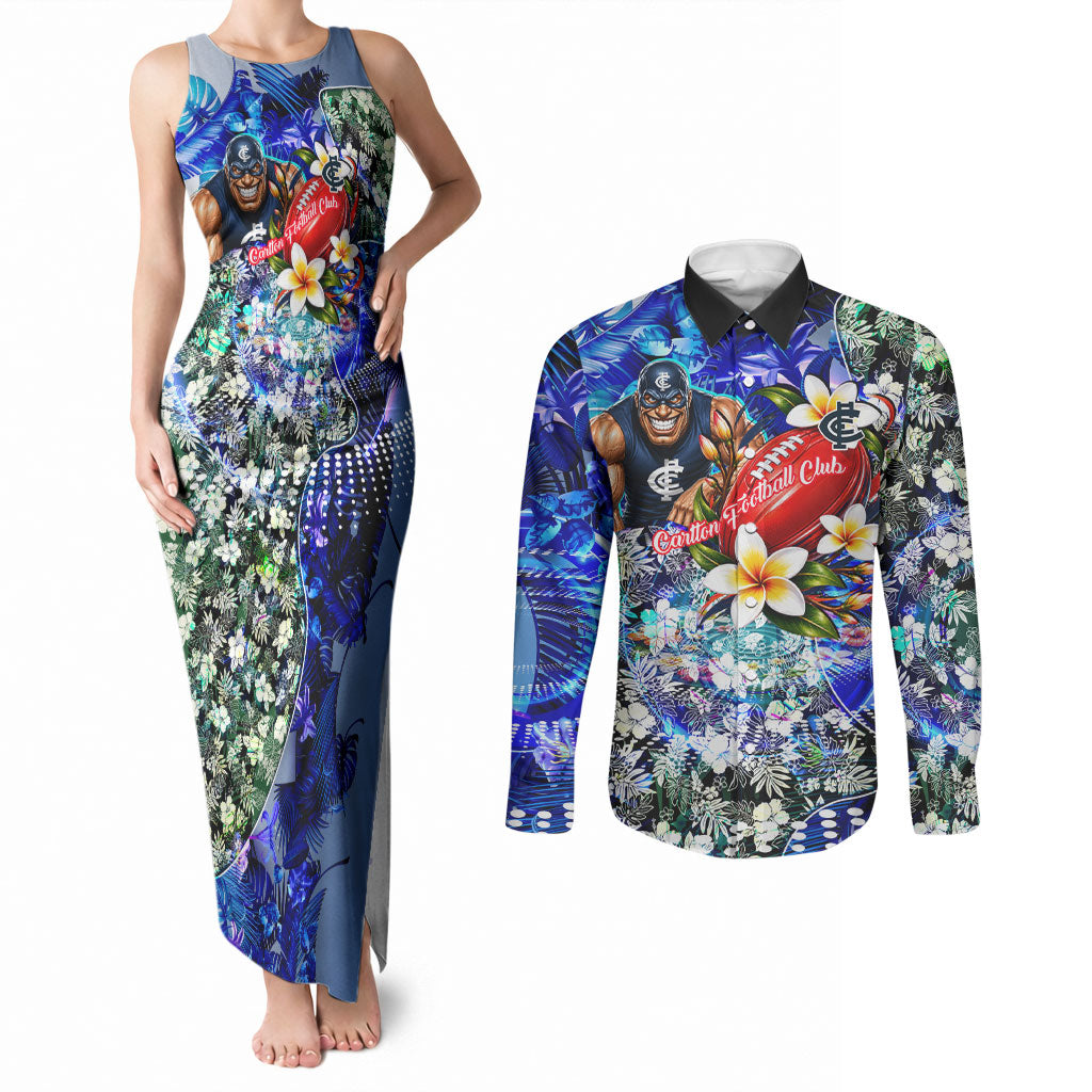 Personalized Carlton Football Blues Couples Matching Tank Maxi Dress and Long Sleeve Button Shirt Tropical Hibiscus Flowers - Pacific Fusion Style