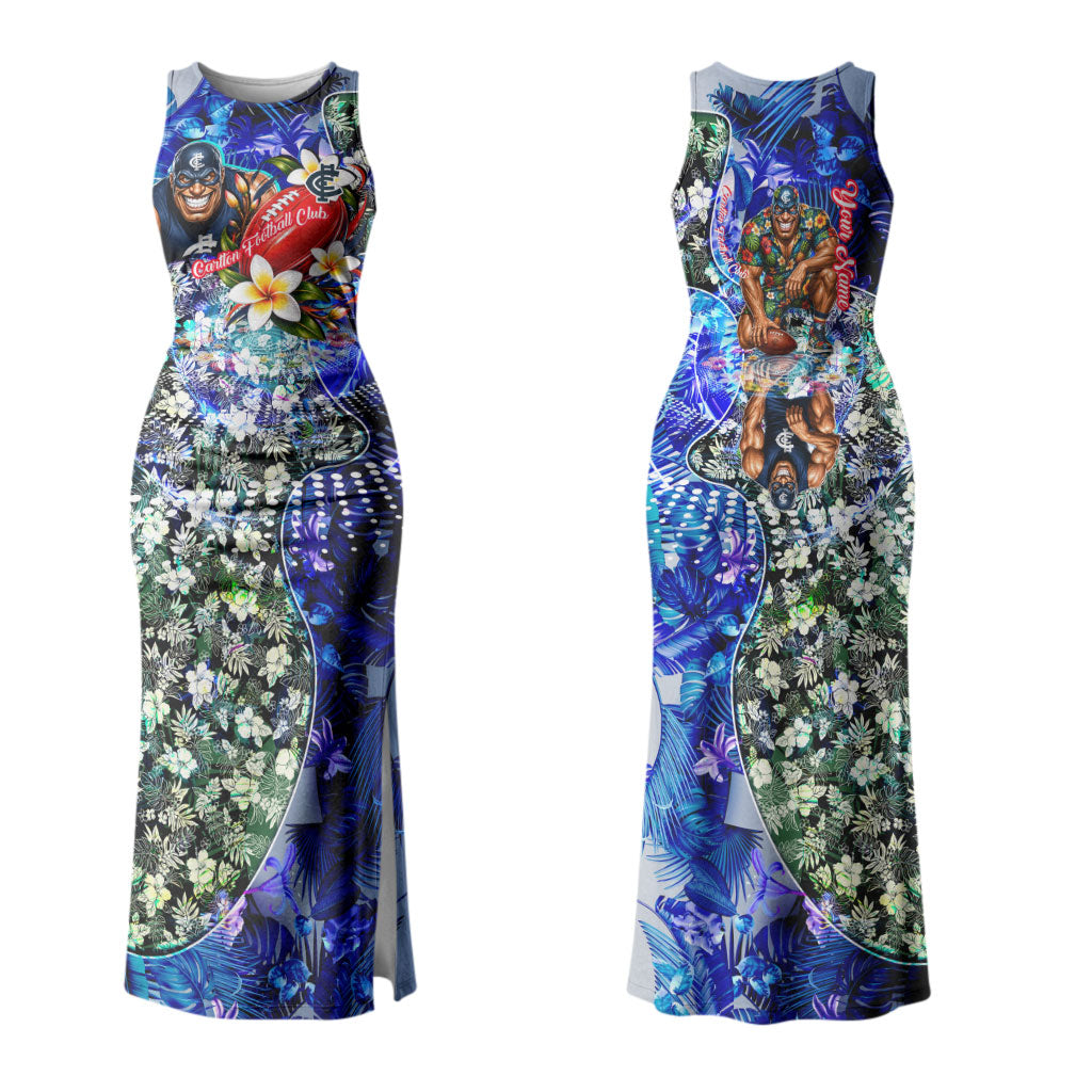 Personalized Carlton Football Blues Couples Matching Tank Maxi Dress and Long Sleeve Button Shirt Tropical Hibiscus Flowers - Pacific Fusion Style