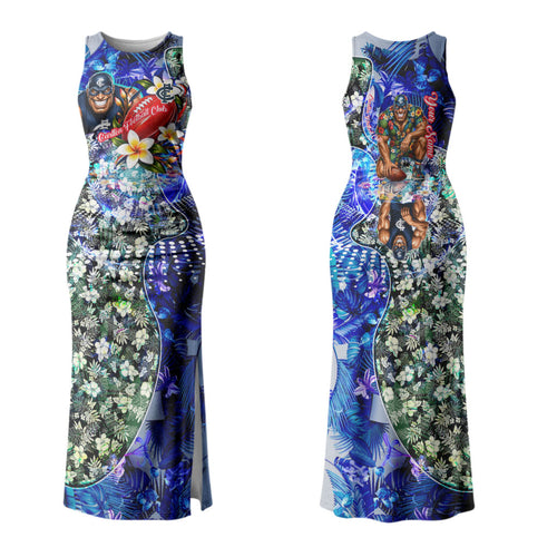 Personalized Carlton Football Blues Couples Matching Tank Maxi Dress and Long Sleeve Button Shirt Tropical Hibiscus Flowers - Pacific Fusion Style