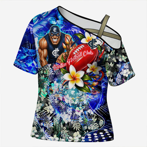 Personalized Carlton Football Blues Cross Shoulder Shirt Tropical Hibiscus Flowers - Pacific Fusion Style