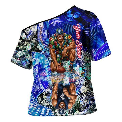 Personalized Carlton Football Blues Cross Shoulder Shirt Tropical Hibiscus Flowers - Pacific Fusion Style