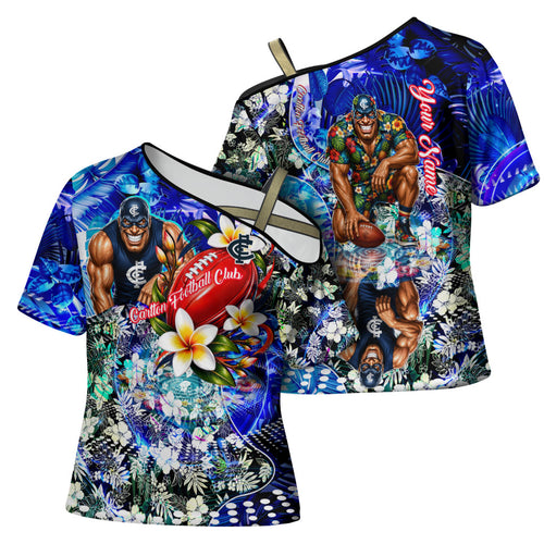 Personalized Carlton Football Blues Cross Shoulder Shirt Tropical Hibiscus Flowers - Pacific Fusion Style
