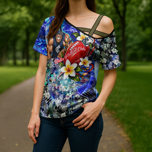 Personalized Carlton Football Blues Cross Shoulder Shirt Tropical Hibiscus Flowers - Pacific Fusion Style
