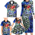 Personalized Carlton Football Blues Family Matching Long Sleeve Bodycon Dress and Hawaiian Shirt Tropical Hibiscus Flowers - Pacific Fusion Style