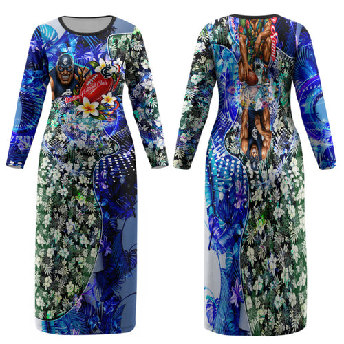 Personalized Carlton Football Blues Family Matching Long Sleeve Bodycon Dress and Hawaiian Shirt Tropical Hibiscus Flowers - Pacific Fusion Style