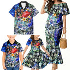 Personalized Carlton Football Blues Family Matching Mermaid Dress and Hawaiian Shirt Tropical Hibiscus Flowers - Pacific Fusion Style