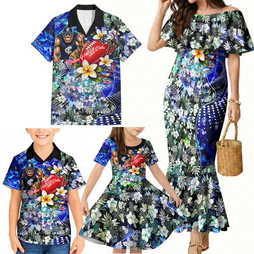 Personalized Carlton Football Blues Family Matching Mermaid Dress and Hawaiian Shirt Tropical Hibiscus Flowers - Pacific Fusion Style