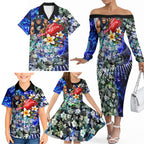 Personalized Carlton Football Blues Family Matching Off The Shoulder Long Sleeve Dress and Hawaiian Shirt Tropical Hibiscus Flowers - Pacific Fusion Style