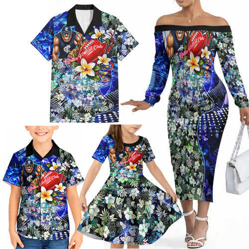 Personalized Carlton Football Blues Family Matching Off The Shoulder Long Sleeve Dress and Hawaiian Shirt Tropical Hibiscus Flowers - Pacific Fusion Style