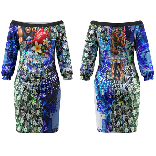 Personalized Carlton Football Blues Family Matching Off The Shoulder Long Sleeve Dress and Hawaiian Shirt Tropical Hibiscus Flowers - Pacific Fusion Style