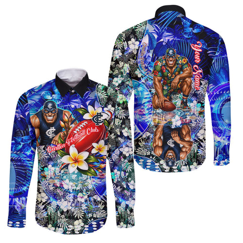Personalized Carlton Football Blues Family Matching Off The Shoulder Long Sleeve Dress and Hawaiian Shirt Tropical Hibiscus Flowers - Pacific Fusion Style