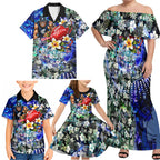 Personalized Carlton Football Blues Family Matching Off Shoulder Maxi Dress and Hawaiian Shirt Tropical Hibiscus Flowers - Pacific Fusion Style