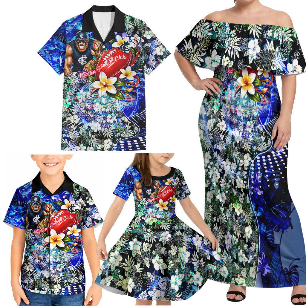 Personalized Carlton Football Blues Family Matching Off Shoulder Maxi Dress and Hawaiian Shirt Tropical Hibiscus Flowers - Pacific Fusion Style