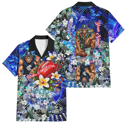 Personalized Carlton Football Blues Family Matching Off Shoulder Maxi Dress and Hawaiian Shirt Tropical Hibiscus Flowers - Pacific Fusion Style