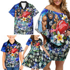Personalized Carlton Football Blues Family Matching Off Shoulder Short Dress and Hawaiian Shirt Tropical Hibiscus Flowers - Pacific Fusion Style