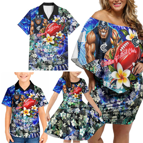 Personalized Carlton Football Blues Family Matching Off Shoulder Short Dress and Hawaiian Shirt Tropical Hibiscus Flowers - Pacific Fusion Style