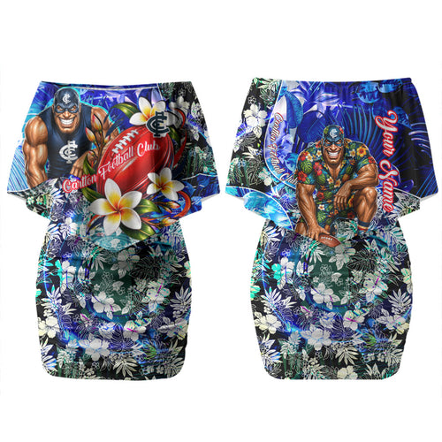 Personalized Carlton Football Blues Family Matching Off Shoulder Short Dress and Hawaiian Shirt Tropical Hibiscus Flowers - Pacific Fusion Style
