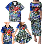 Personalized Carlton Football Blues Family Matching Puletasi and Hawaiian Shirt Tropical Hibiscus Flowers - Pacific Fusion Style