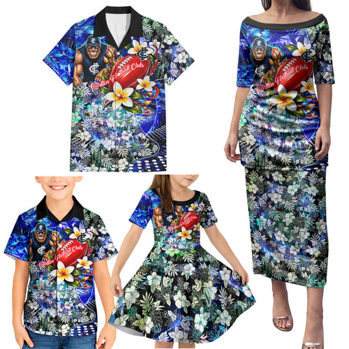 Personalized Carlton Football Blues Family Matching Puletasi and Hawaiian Shirt Tropical Hibiscus Flowers - Pacific Fusion Style