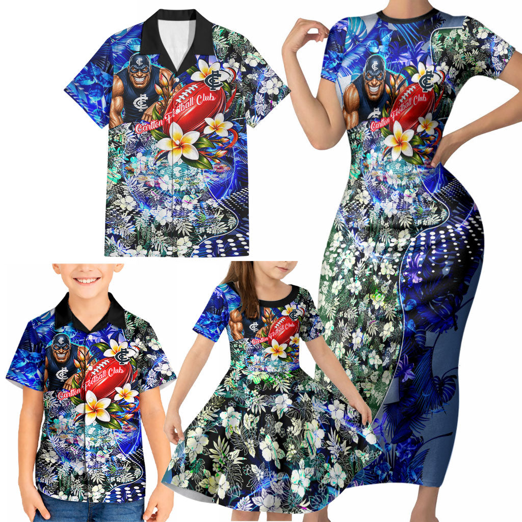 Personalized Carlton Football Blues Family Matching Short Sleeve Bodycon Dress and Hawaiian Shirt Tropical Hibiscus Flowers - Pacific Fusion Style