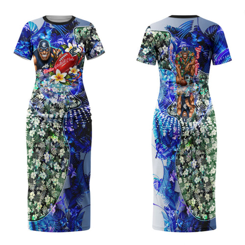 Personalized Carlton Football Blues Family Matching Short Sleeve Bodycon Dress and Hawaiian Shirt Tropical Hibiscus Flowers - Pacific Fusion Style