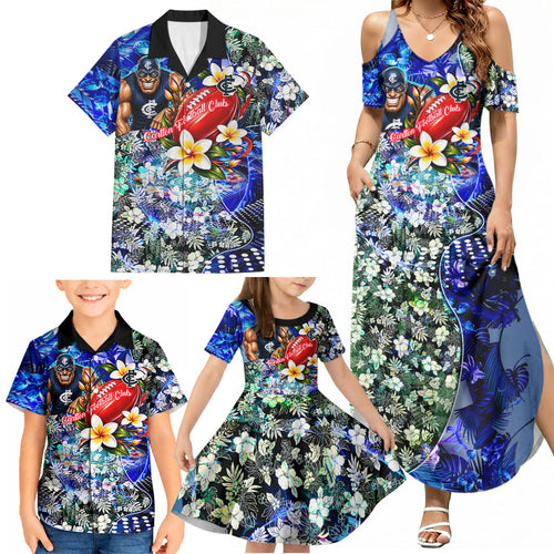 Personalized Carlton Football Blues Family Matching Summer Maxi Dress and Hawaiian Shirt Tropical Hibiscus Flowers - Pacific Fusion Style