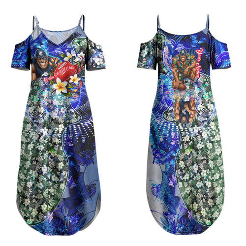 Personalized Carlton Football Blues Family Matching Summer Maxi Dress and Hawaiian Shirt Tropical Hibiscus Flowers - Pacific Fusion Style