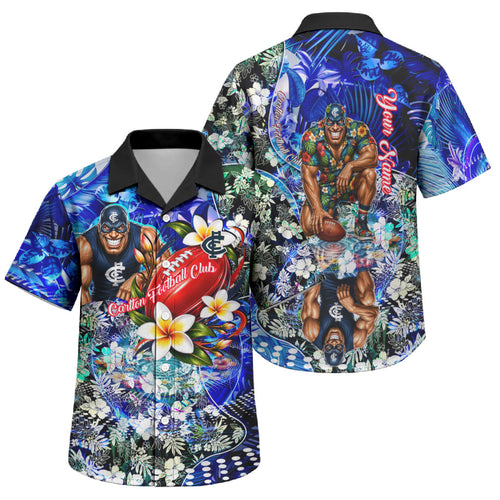 Personalized Carlton Football Blues Family Matching Summer Maxi Dress and Hawaiian Shirt Tropical Hibiscus Flowers - Pacific Fusion Style