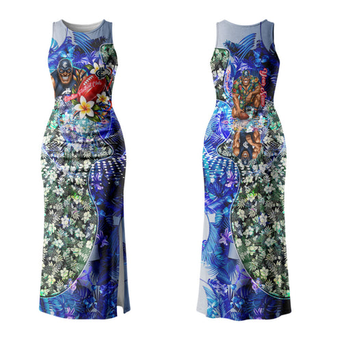 Personalized Carlton Football Blues Family Matching Tank Maxi Dress and Hawaiian Shirt Tropical Hibiscus Flowers - Pacific Fusion Style