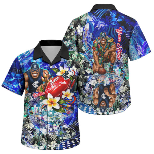 Personalized Carlton Football Blues Family Matching Tank Maxi Dress and Hawaiian Shirt Tropical Hibiscus Flowers - Pacific Fusion Style