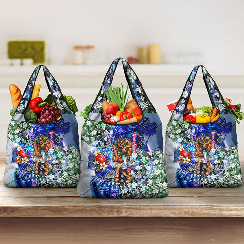 Personalized Carlton Football Blues Grocery Bag Tropical Hibiscus Flowers - Pacific Fusion Style