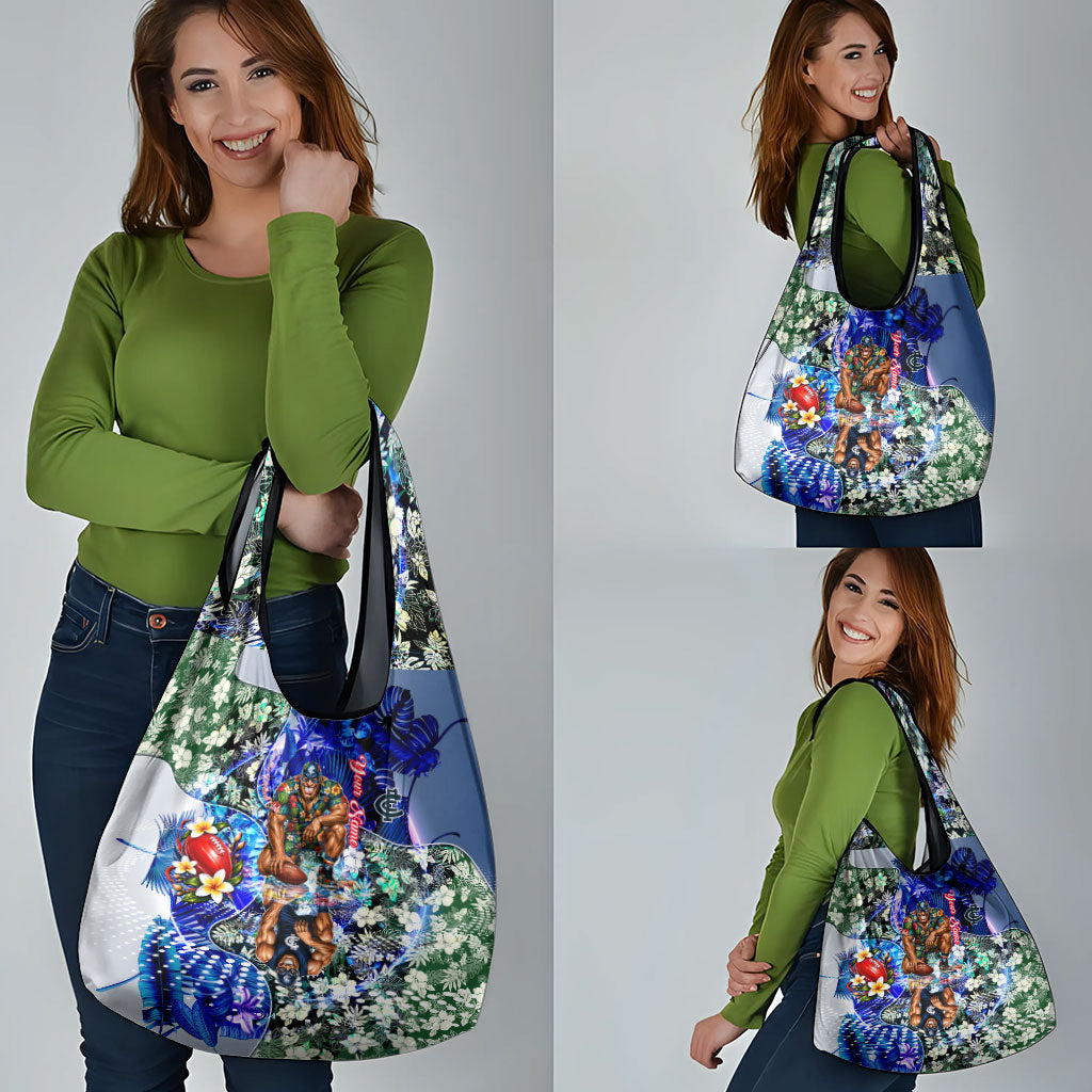 Personalized Carlton Football Blues Grocery Bag Tropical Hibiscus Flowers - Pacific Fusion Style