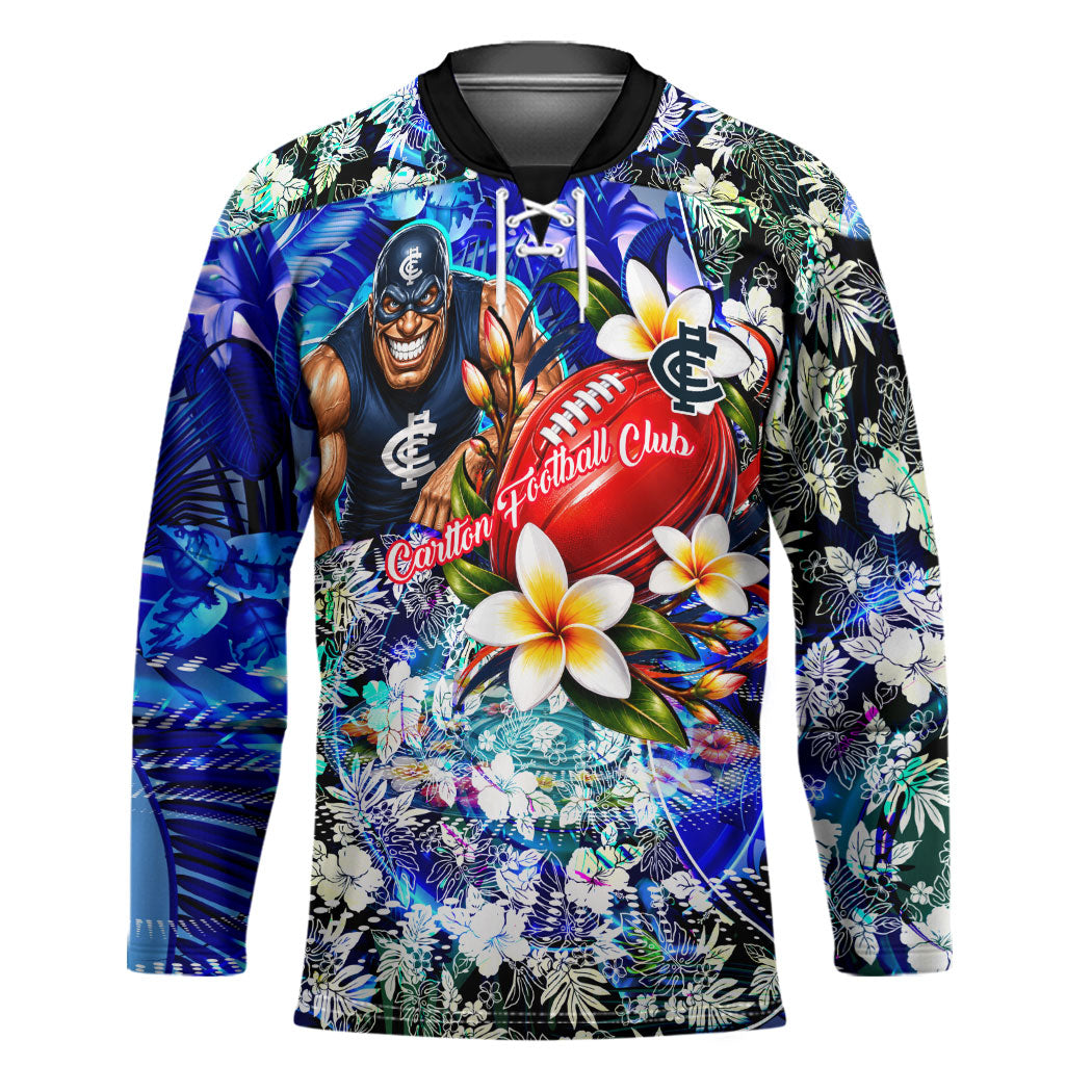 Personalized Carlton Football Blues Hockey Jersey Tropical Hibiscus Flowers - Pacific Fusion Style