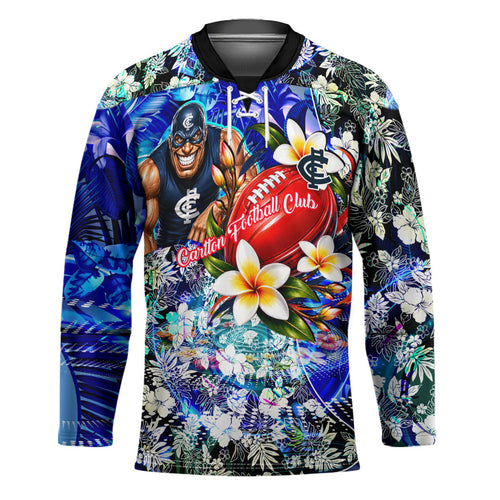 Personalized Carlton Football Blues Hockey Jersey Tropical Hibiscus Flowers - Pacific Fusion Style