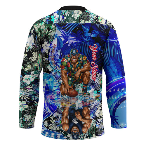 Personalized Carlton Football Blues Hockey Jersey Tropical Hibiscus Flowers - Pacific Fusion Style
